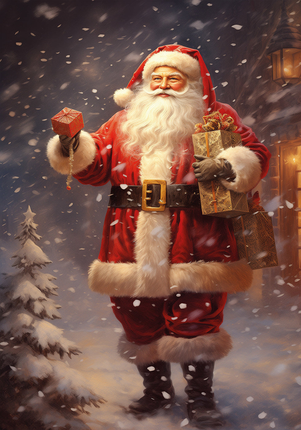 a painting of a santa claus holding a present