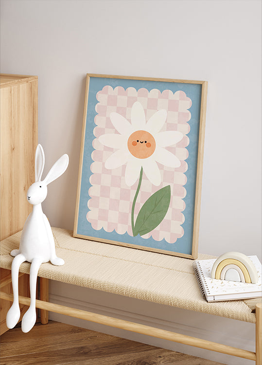 Smiley Flower On Pastel Checkered Background Poster - Posterbox.dk