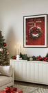 a living room decorated for Christmas with a Christmas wreath