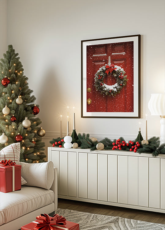 a living room decorated for Christmas with a Christmas wreath
