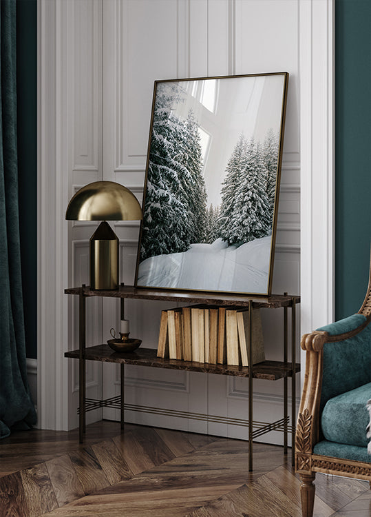 Snowy Road Through Evergreen Forest Poster - Posterbox.dk