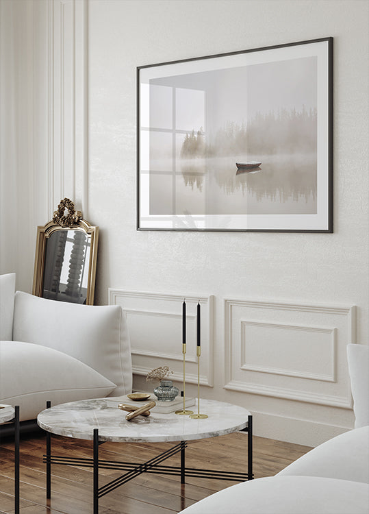 Solitary Boat on a Foggy Lake Poster - Posterbox.dk