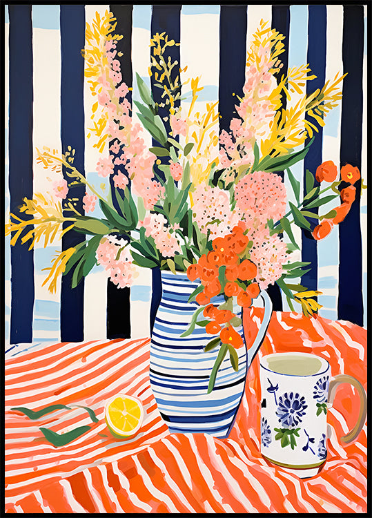Summer Flowers, Striped Vase, Lemon Still Life Poster - Posterbox.dk