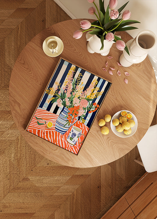 Summer Flowers, Striped Vase, Lemon Still Life Poster - Posterbox.dk