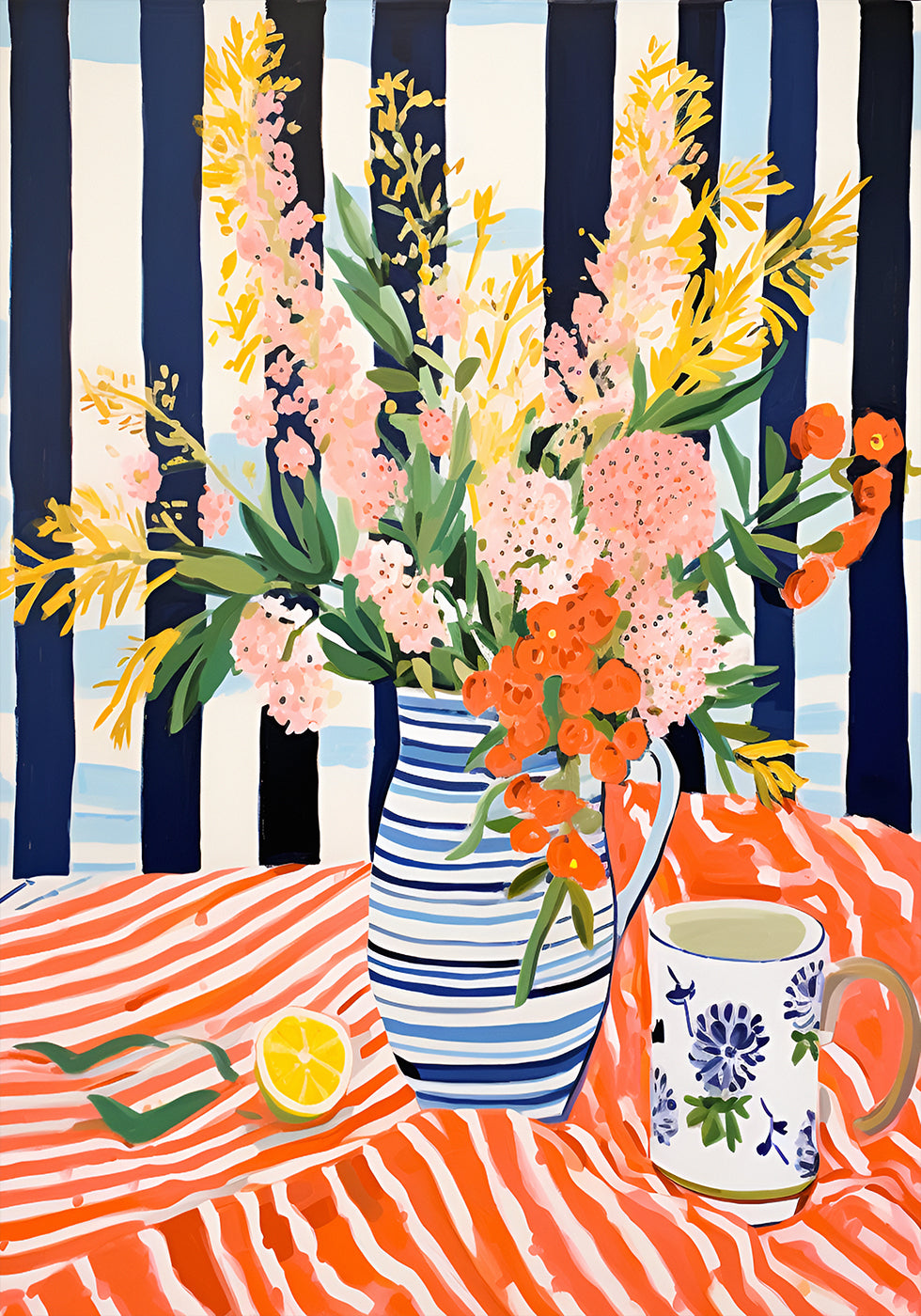 Summer Flowers, Striped Vase, Lemon Still Life Poster - Posterbox.dk