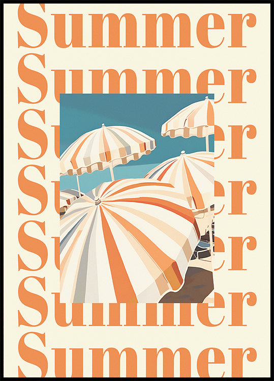 Summer Umbrellas Print, Striped Parasols Art, Coastal Beach Scene Poster - Posterbox.dk