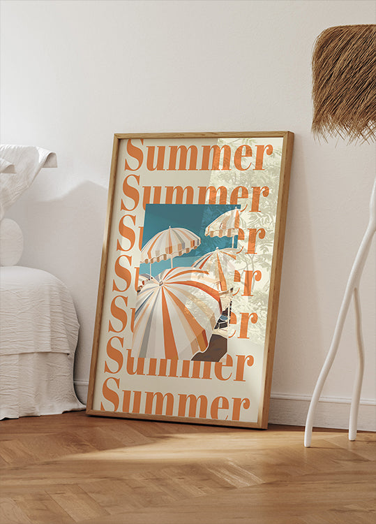 Summer Umbrellas Print, Striped Parasols Art, Coastal Beach Scene Poster - Posterbox.dk