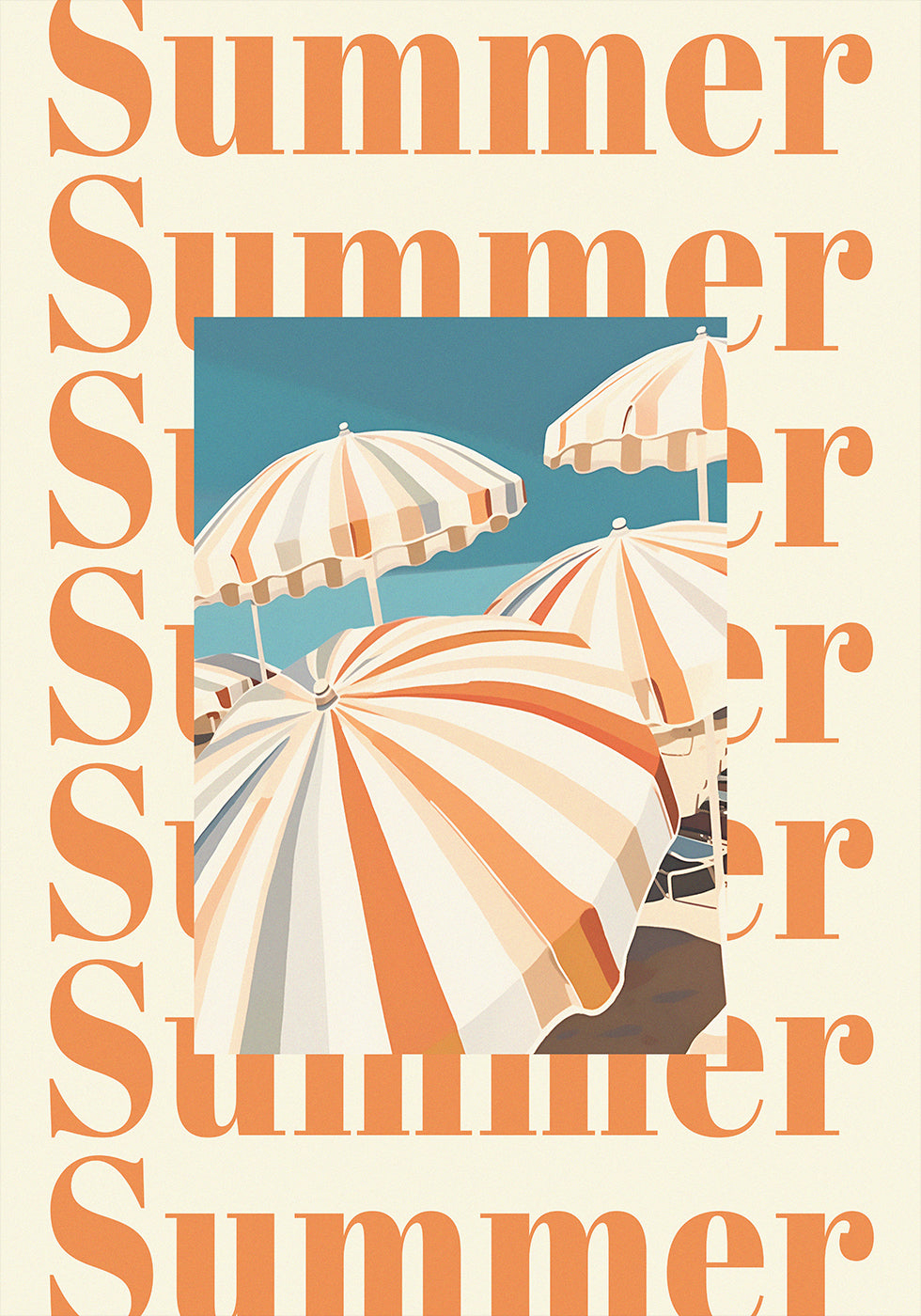 Summer Umbrellas Print, Striped Parasols Art, Coastal Beach Scene Poster - Posterbox.dk
