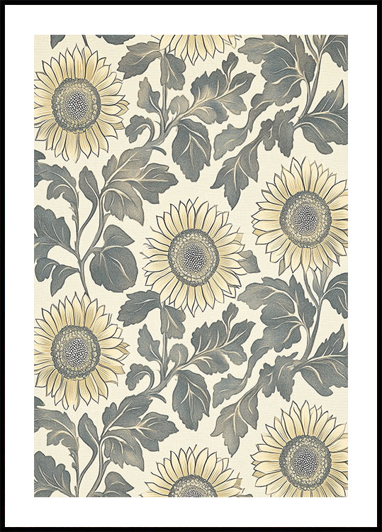 Sunflower Botanical Vintage Pattern Cream Poster - Posterbox.dk