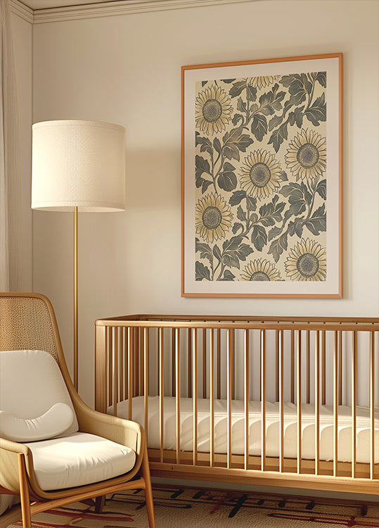 Sunflower Botanical Vintage Pattern Cream Poster - Posterbox.dk