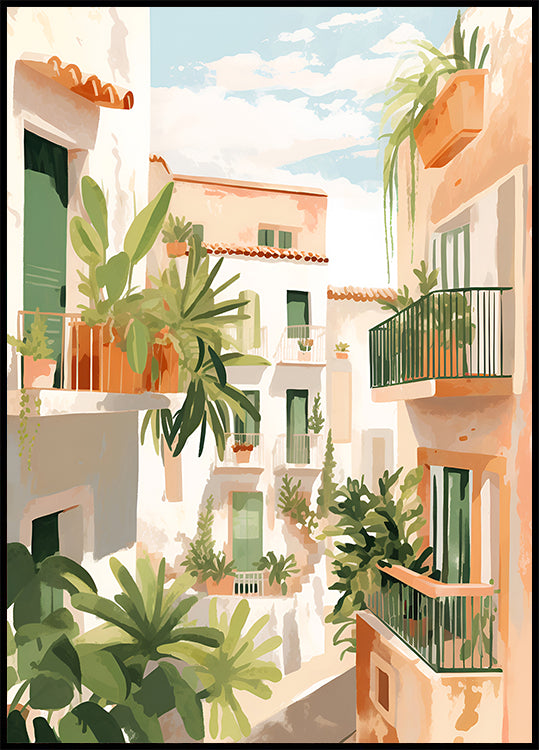 Sunlit Balconies, Mediterranean Courtyard Poster - Posterbox.dk