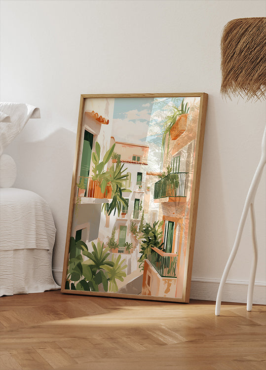 Sunlit Balconies, Mediterranean Courtyard Poster - Posterbox.dk