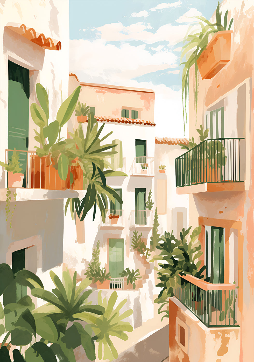 Sunlit Balconies, Mediterranean Courtyard Poster - Posterbox.dk