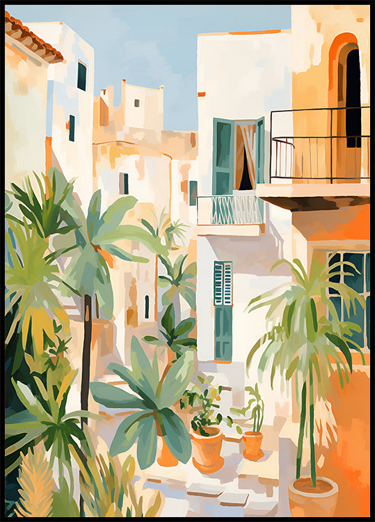 Sunlit Courtyard, Mediterranean terrace Poster - Posterbox.dk