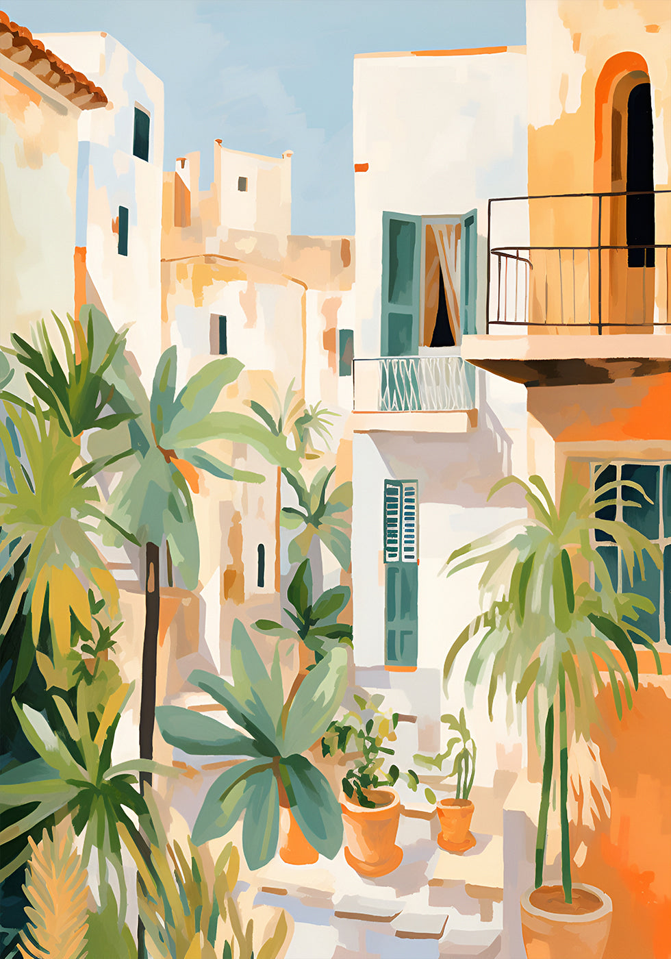 Sunlit Courtyard, Mediterranean terrace Poster - Posterbox.dk
