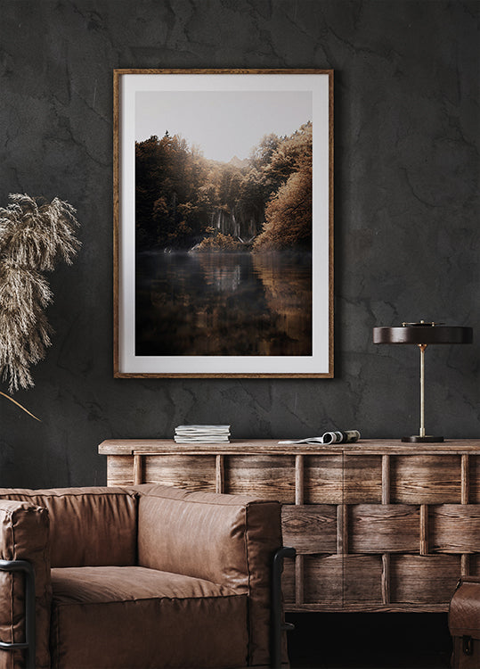 Sunrise in the Misty Forest with Reflections Poster - Posterbox.dk