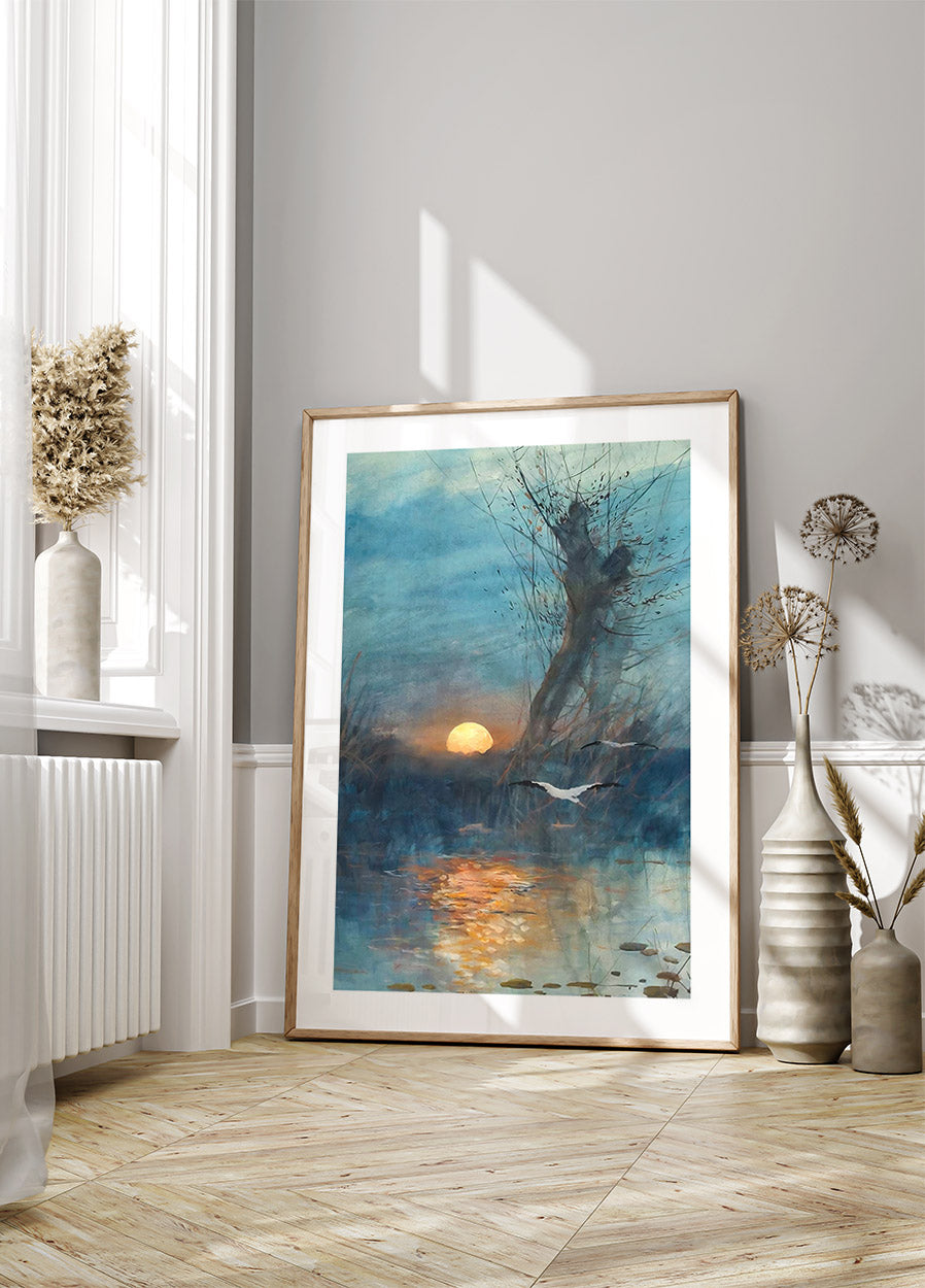Sunset Over The Pond With Storks Poster - Posterbox.dk