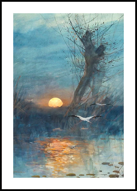 Sunset Over The Pond With Storks Poster - Posterbox.dk
