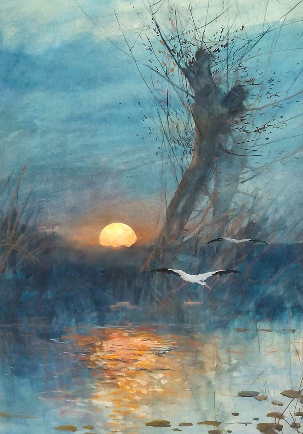 Sunset Over The Pond With Storks Poster - Posterbox.dk