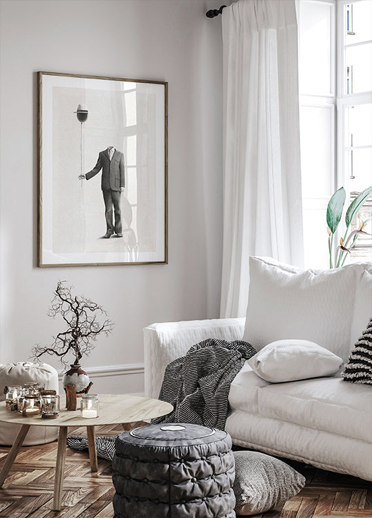 Surreal Absence, headless man with balloon head Poster - Posterbox.dk