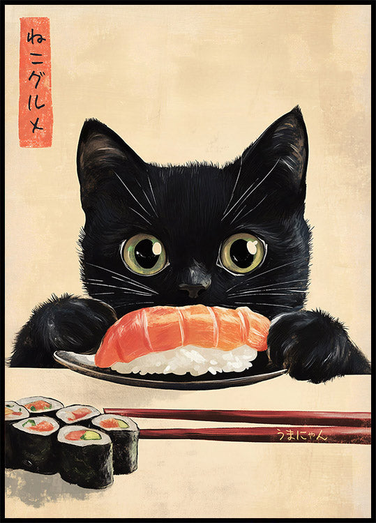 Sushi Lover Cat, Japanese-Inspired Feline Art Poster - Posterbox.dk