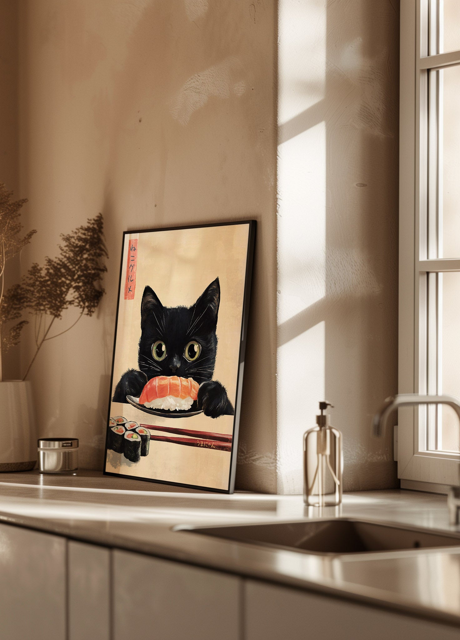 Sushi Lover Cat, Japanese-Inspired Feline Art Poster - Posterbox.dk