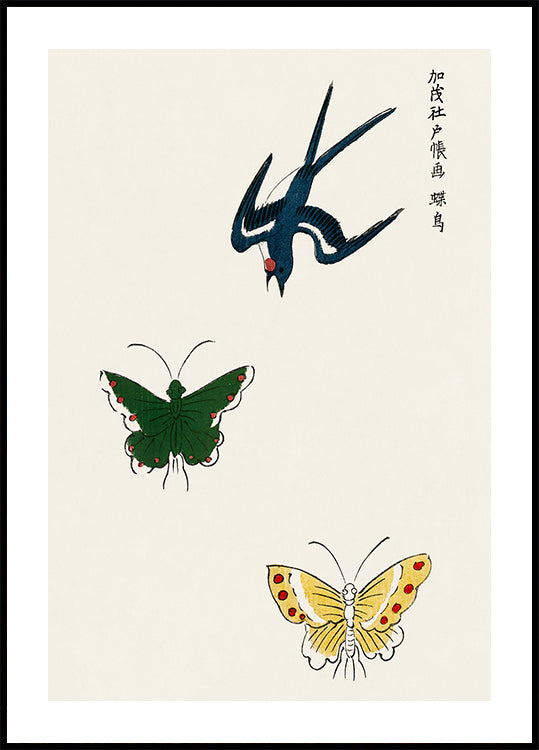 Swallow and Butterflies Print, Taguchi Tomoki Japanese Art Poster - Posterbox.dk