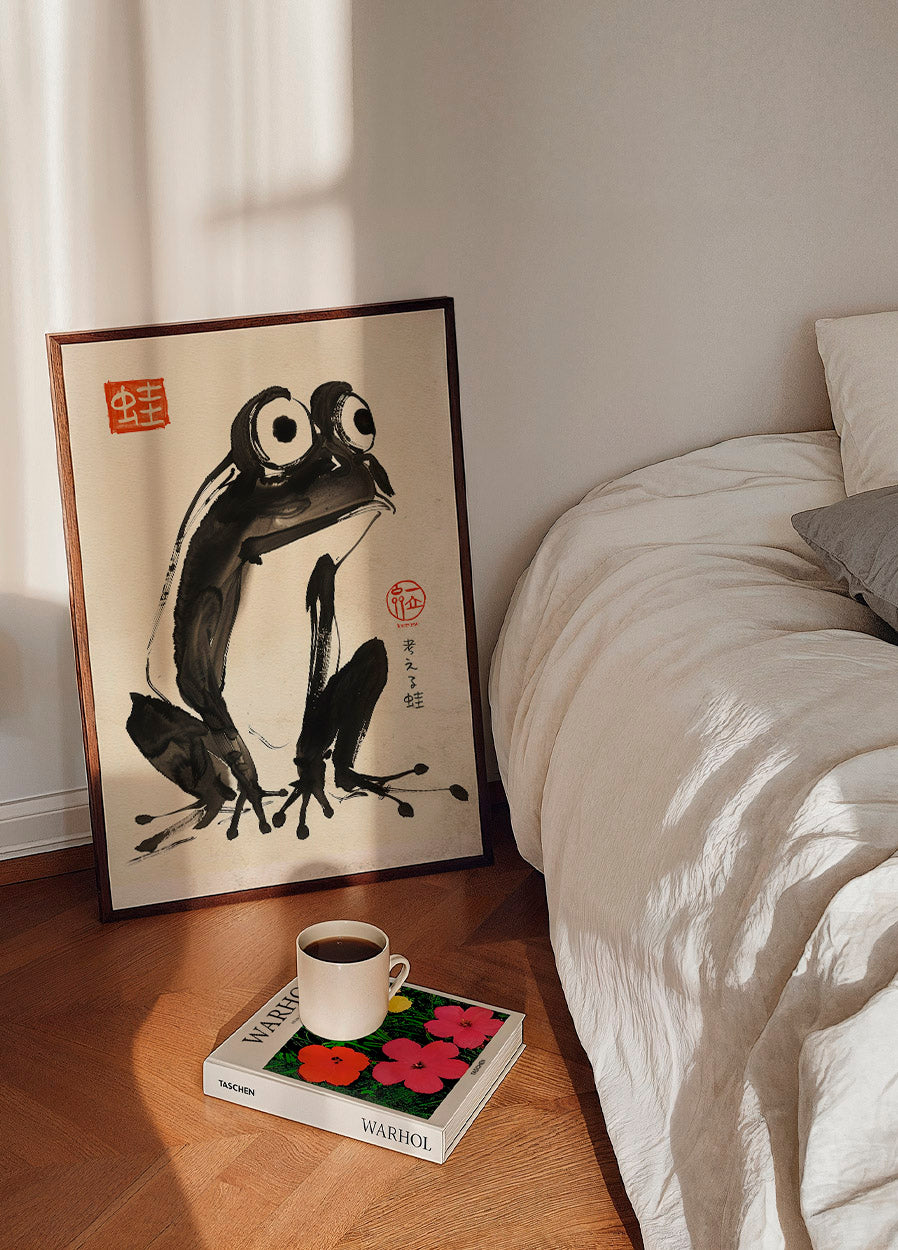 Thoughtful Frog, Japanese Sumi-e Illustration Poster - Posterbox.dk