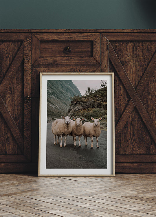 Three Sheep in Mountain Landscape Poster - Posterbox.dk