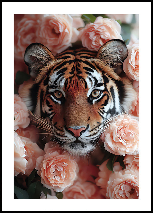 Tiger Among Peach Roses Poster - Posterbox.dk