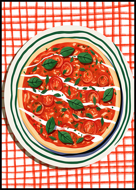 Tomato & Basil Pizza, Italian Food Art Poster - Posterbox.dk