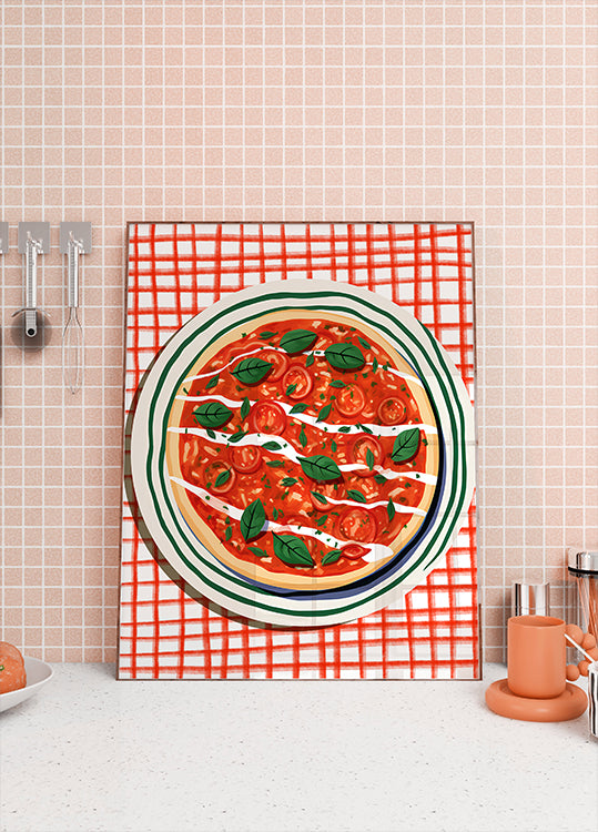 Tomato & Basil Pizza, Italian Food Art Poster - Posterbox.dk