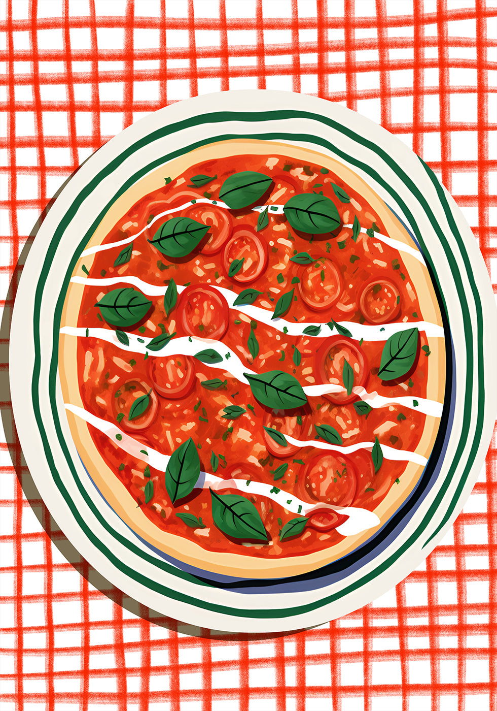 Tomato & Basil Pizza, Italian Food Art Poster - Posterbox.dk