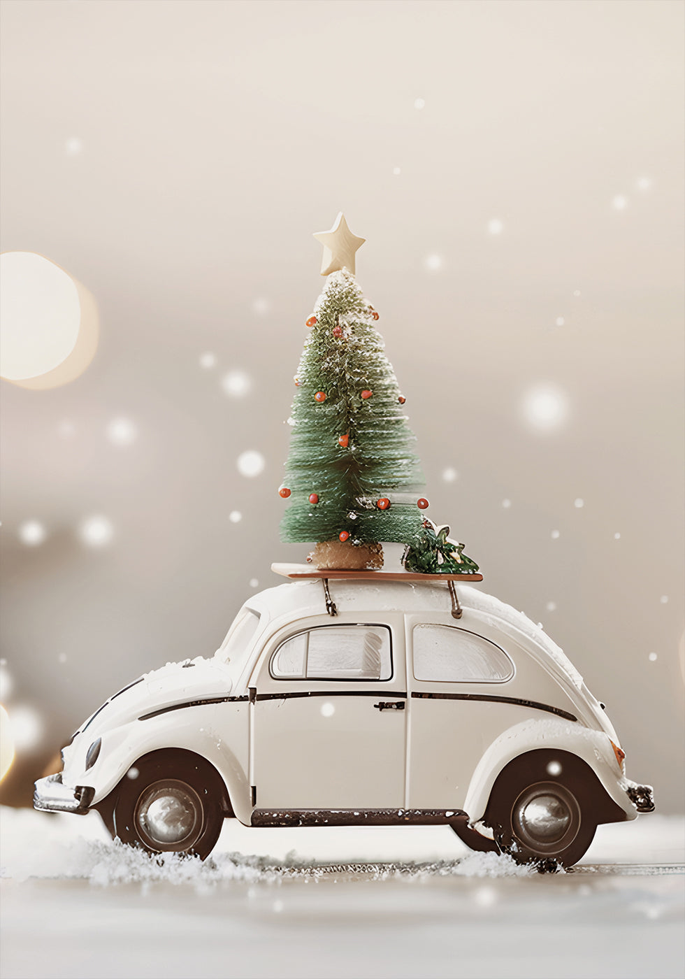 a white car with a Christmas tree on top of it