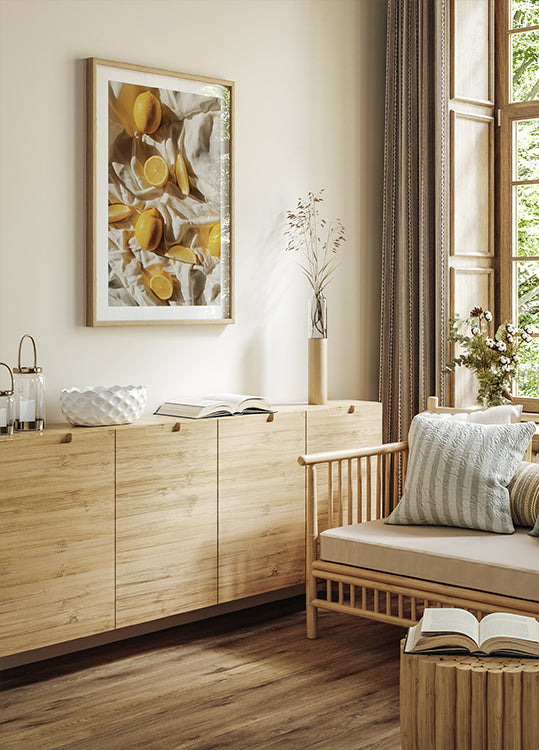 Vibrant Lemons on Textured Fabric Poster - Posterbox.dk