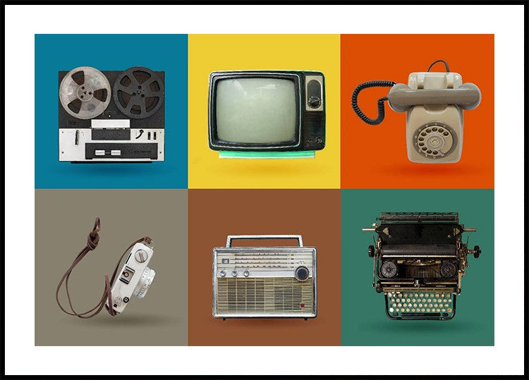 Vintage Colorful Tech Grid, Retro Gadgets Poster - Posterbox.dk