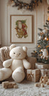 a teddy bear sitting next to a Christmas tree