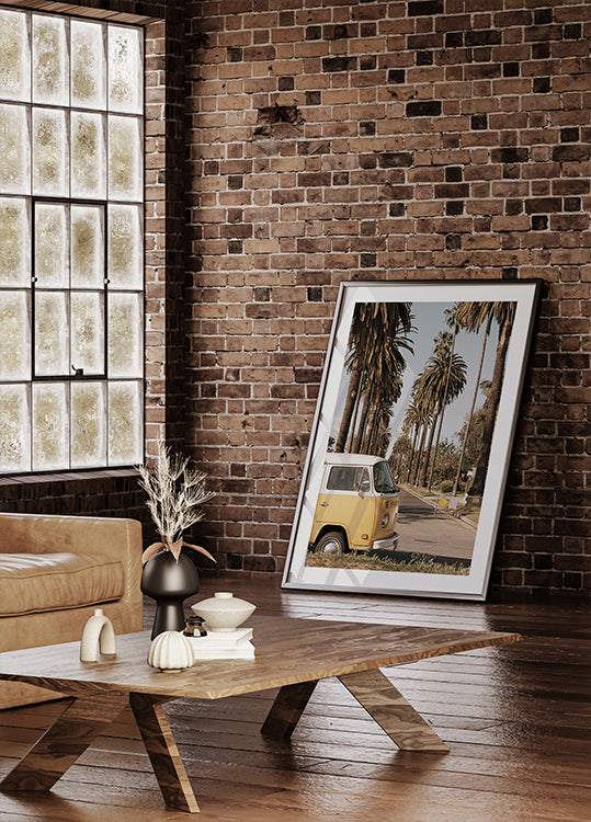 Vintage Yellow Van Among California Palm Trees Poster - Posterbox.dk