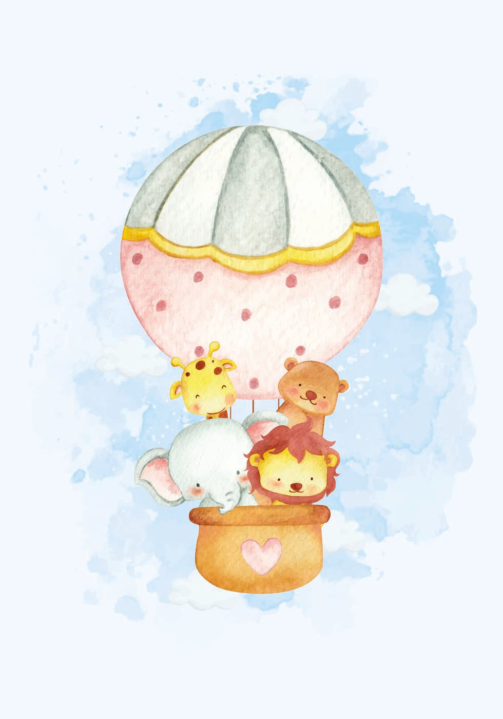 Watercolor Animals in Hot Air Balloon Poster - Posterbox.dk