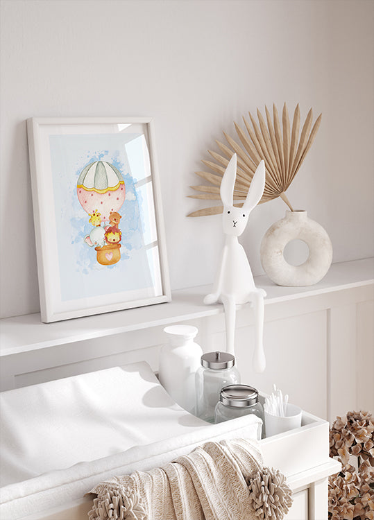 Watercolor Animals in Hot Air Balloon Poster - Posterbox.dk