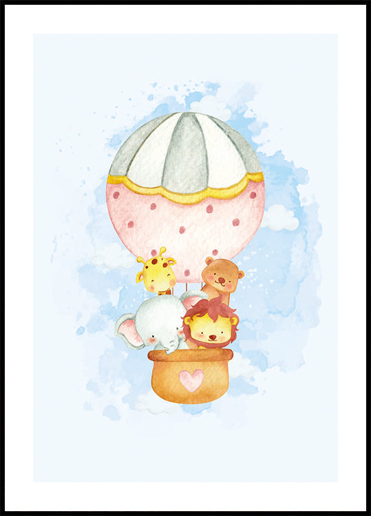Watercolor Animals in Hot Air Balloon Poster - Posterbox.dk