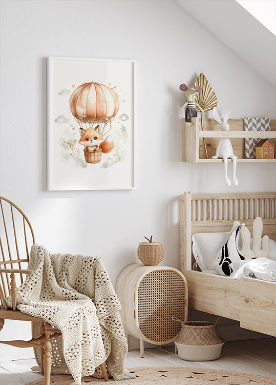 Watercolor Baby Fox on a Balloon Poster - Posterbox.dk