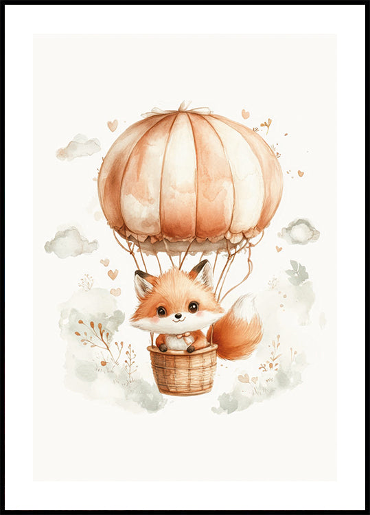 Watercolor Baby Fox on a Balloon Poster - Posterbox.dk