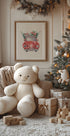 a teddy bear sitting in front of a Christmas tree