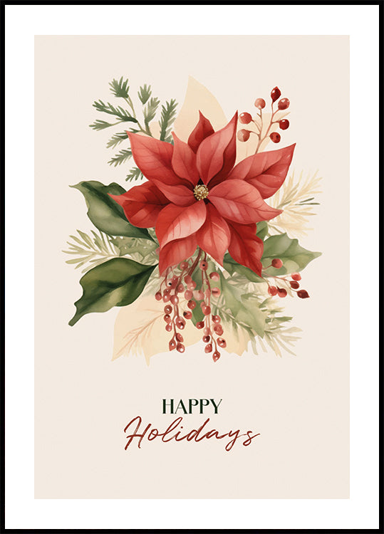 a holiday card with poinsettias and holly