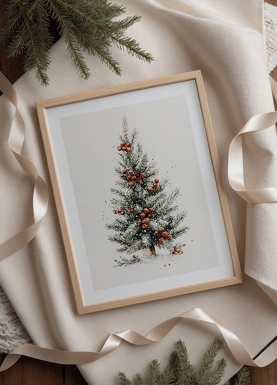 Watercolor Christmas Tree with Red Berries Poster - Posterbox.dk