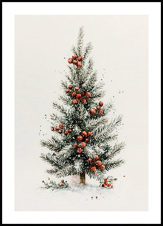 Watercolor Christmas Tree with Red Berries Poster - Posterbox.dk