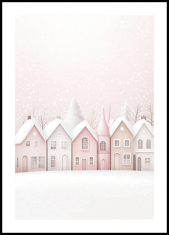 Watercolor Snowy Pink Houses Poster - Posterbox.dk