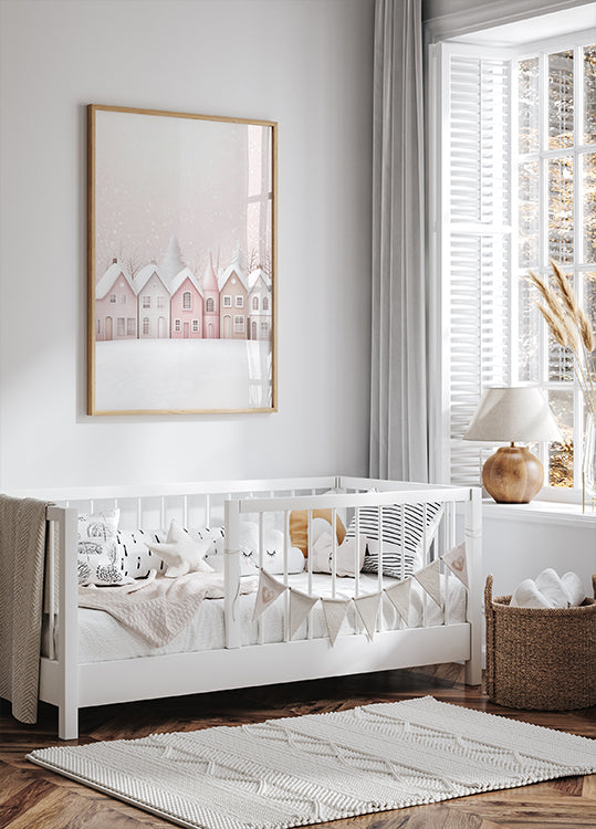 Watercolor Snowy Pink Houses Poster - Posterbox.dk