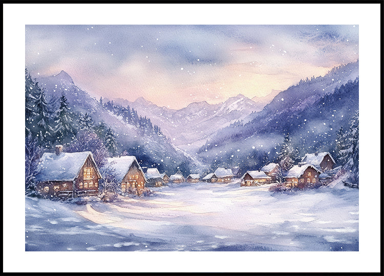 Watercolor Winter Mountain Village Poster - Posterbox.dk